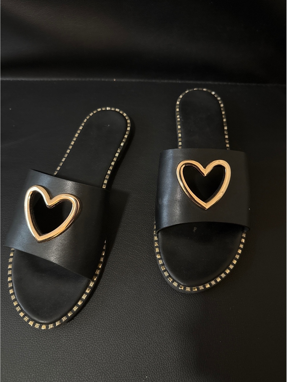 Black Slide Sandals with Gold Heart Accent Women’s size 10